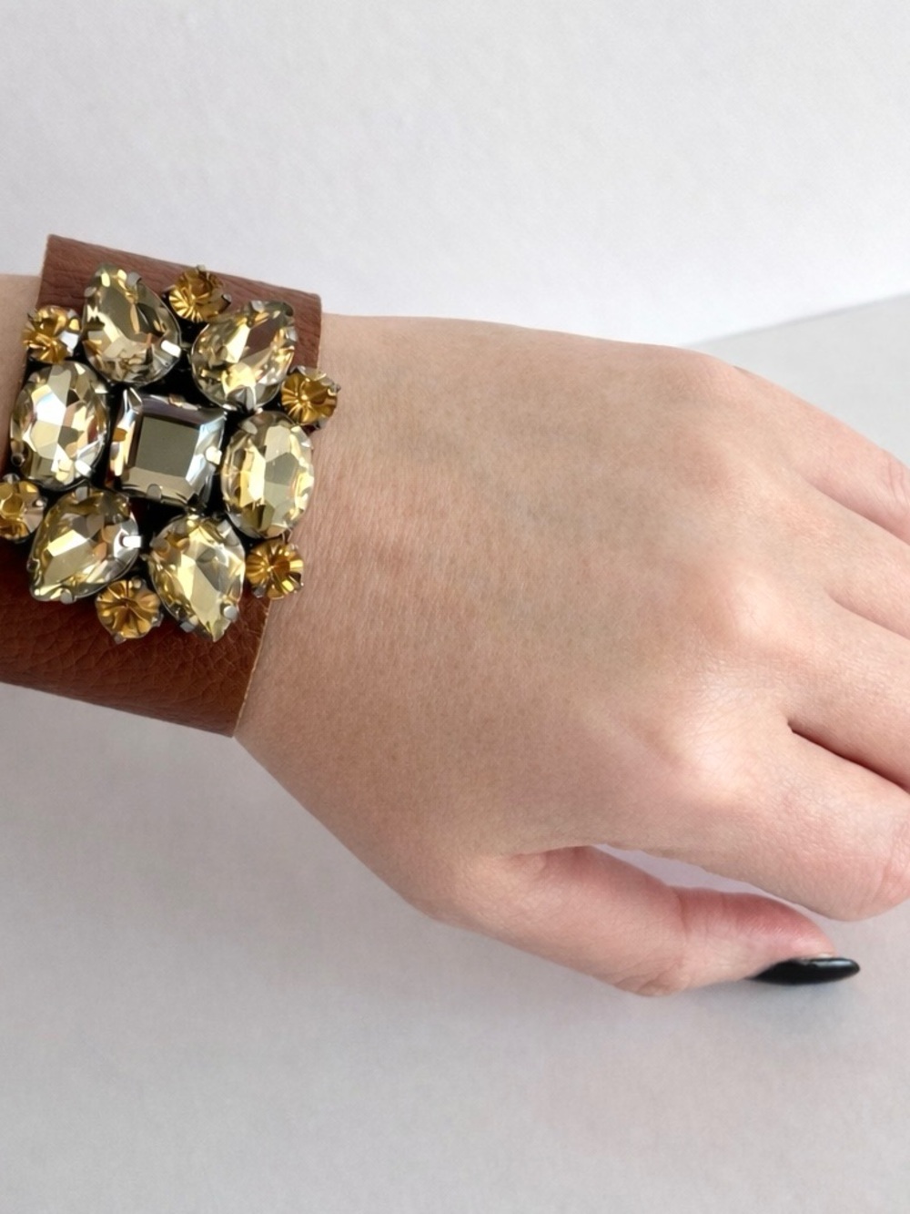 Statement Rhinestone Leather Cuff Bracelet Champagne Crystal Wide Cuff